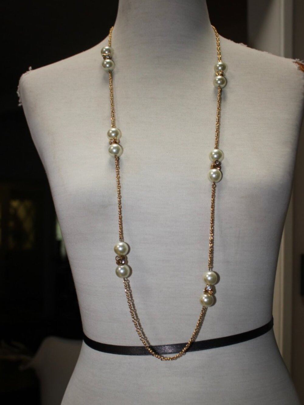 J Crew Pearl & Crystal Gold Necklace  Opera Length Extra Long or Double Up